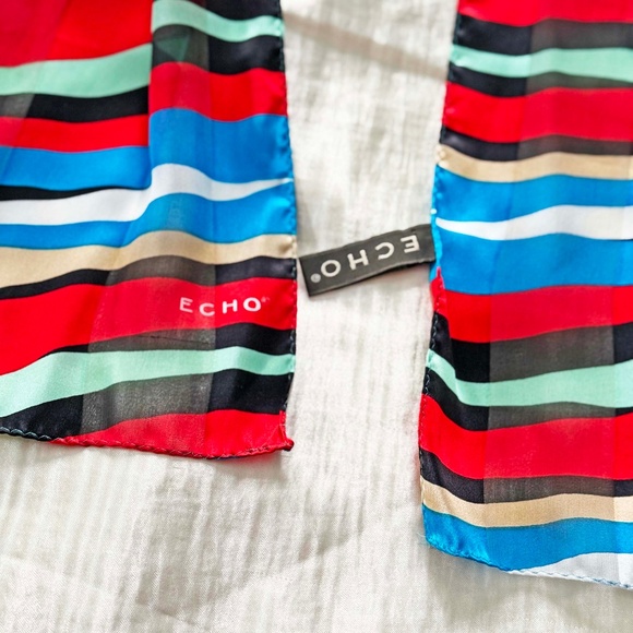 100% PURE SILK SCARF, by ECHO, in RED/BLUE/GREEN/BLACK/BEIGE, WHITE, 52 x 17 ½ - Picture 1 of 3